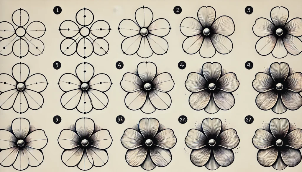 DALL·E 2024 10 23 10.42.46 A large and detailed drawing guide for a simple five petal flower showing the steps clearly. Step 1 a small circle in the middle for the flowers ce 1