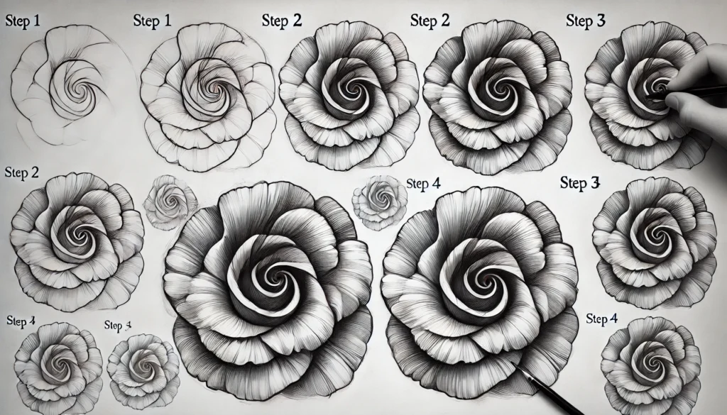 The Elegant Rose: A Guide to Drawing with the Spiral Technique
Understanding the Spiral Technique for Rose Drawing
Roses, often perceived as intricate and challenging, can be broken down into simple components with a focus on their natural spiral structure. At the heart of a rose lies this spiral, where the petals tightly coil, slowly unfurling as they move outward. By adopting this spiral technique, you can render a rose in a more systematic and approachable manner.

The spiral represents the key to understanding the complexity of rose petals. It serves as the foundation from which the layers of petals build outward. Once you grasp this central feature, the rest of the rose unfolds in a logical and visually satisfying way.

Easy Techniques for Drawing Rose Petals
To begin, draw a simple spiral, which will act as the core of the rose. The secret lies in carefully expanding this spiral outward, adding layers of petals one at a time. The most crucial part is to vary the size and shape of the petals as they extend away from the center, creating a more realistic and organic look.

Here’s a step-by-step guide to help you master this technique:

Step 1: Start with the Spiral
Begin by lightly sketching a small spiral in the middle of your page. This will serve as the rose’s center. Use gentle strokes to allow for adjustments as you go.

Step 2: Add Inner Petals
Surround the spiral with small, closely spaced petals. These petals should overlap slightly, mimicking how a real rose unfurls from its tight center.

Step 3: Build Outward
As you move outward, increase the size of the petals. Let them spread more freely, curving gently to reflect the blooming nature of a rose. Each petal should have a unique curve, enhancing the organic feel.

Step 4: Vary Petal Edges
Not all petals are smooth or symmetrical. Some may have wavy or slightly jagged edges. Incorporating these variations will add to the rose’s realism.

Creating Depth with Shading: A Simple Approach
Once the basic shape of your rose is complete, it’s time to bring it to life through shading. Shading not only adds depth but also defines the layers of petals, giving your drawing a three-dimensional quality.

Follow these tips for effective shading:

Light Shading on the Petal Edges
Start by adding light shading around the outer edges of each petal. This will help distinguish each layer, making the petals appear soft and delicate.

Darker Shading in the Center
The center of the rose, where the petals are tightly wound, should be the darkest area. Use deeper shading here to emphasize the shadowed, tucked-in petals.

Highlight Overlapping Areas
Pay close attention to where petals overlap. Shade these areas more heavily to create the illusion of depth and natural shadowing.

With these techniques in hand, you’ll be able to draw roses that feel as if they could bloom right off the page. Focus on capturing the delicate balance of tightness and openness that characterizes a rose in bloom.






