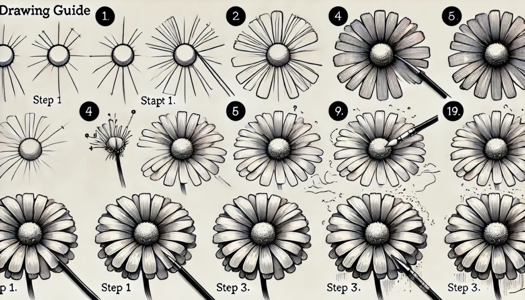 Method 3: The Whimsical Daisy

Drawing a Daisy’s Center: Keep it Round and Bright

A daisy’s charm lies in its simplicity. Begin with a small circle at the center of the flower, and keep it bold and bright to serve as a focal point for the petals.

Petals in Motion: Capturing a Daisy’s Playful Nature

Daisy petals are long, thin, and radiate outward with a sense of motion. To capture this playful nature, allow the petals to vary slightly in length and curve.

Adding Texture and Details for a Realistic Look

To enhance the daisy, add light shading around the center and texture to the petals by drawing faint lines along their length. These small details will make your daisy pop.