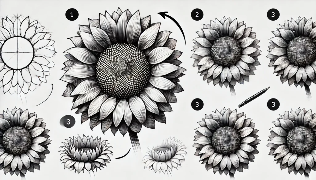 Method 4: The Bold Sunflower

Mastering the Circular Center of a Sunflower

The sunflower is known for its bold, round center. Start by drawing a large circle, then fill it with small, tight shapes to represent the seeds. This adds texture and draws the eye.

Drawing Sunflower Petals with a Sense of Volume

Sunflower petals are long and slightly pointed. By adding gentle curves to the edges and varying their positions, you can create a sense of fullness and volume.

Finishing Touches: How to Make Your Sunflower Pop

To finish your sunflower, add shading to the edges of the petals and around the base where they connect to the center. A few well-placed shadows can make the entire flower seem vibrant.