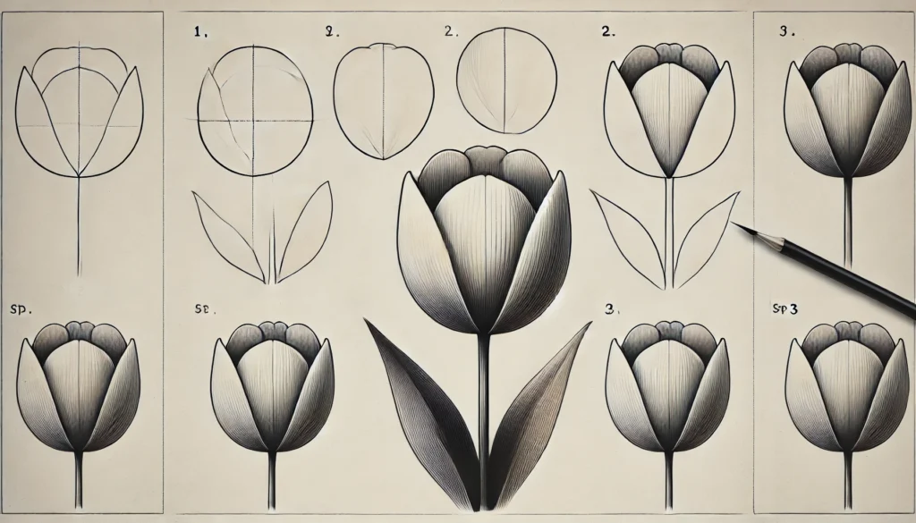 Method 5: The Minimalist Tulip

Capturing the Tulip’s Signature Shape

Tulips are defined by their smooth, cup-like shape. Start with a simple oval and divide it into three parts—this will serve as the framework for your petals.

Drawing Curves for Tulip Petals with Ease

The secret to a tulip’s elegance lies in its curves. Allow the outer petals to gently curve outward, while the inner petals remain tucked close to the center.

A Simple Way to Add Depth to Tulip Drawings

Add shading along the edges of the outer petals and near the base to give the tulip dimension. This simple technique enhances the tulip’s form without overcomplicating the design.