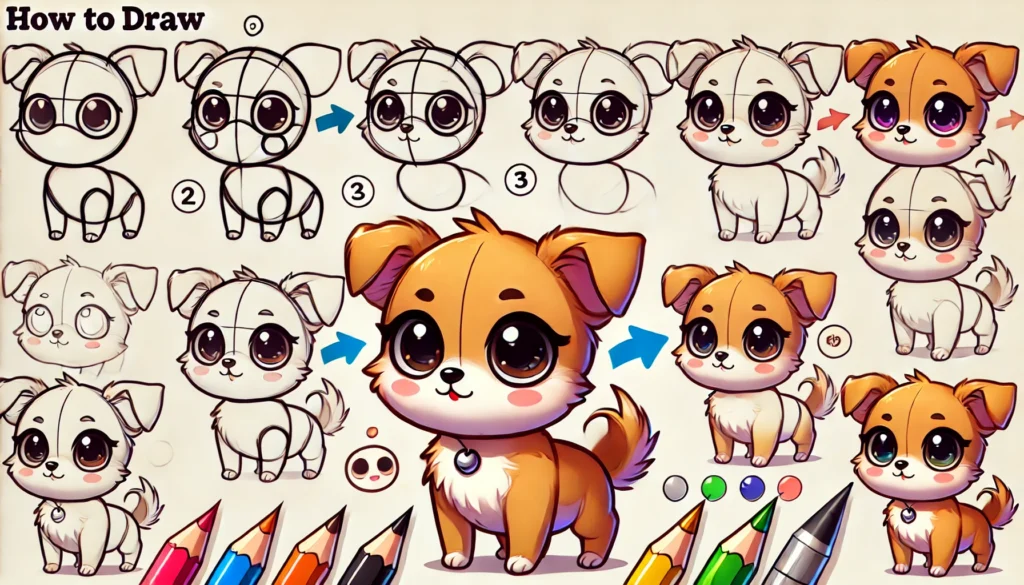 DALL·E 2024 10 23 12.47.56 A step by step guide showing how to draw a cute chibi dog perfect for beginners. Start with the large head which is two to three times bigger than t