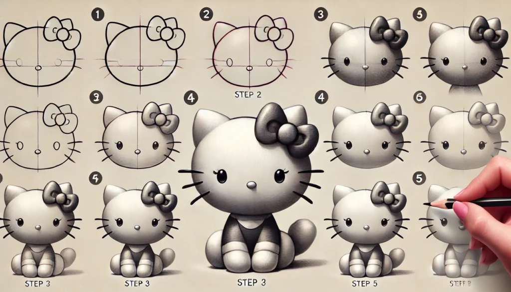 DALL·E 2024 10 23 12.57.40 Step by step guide to drawing Hello Kitty in a realistic style created for beginners in a wide layout. Step 1 Start with a basic outline of Hello Ki