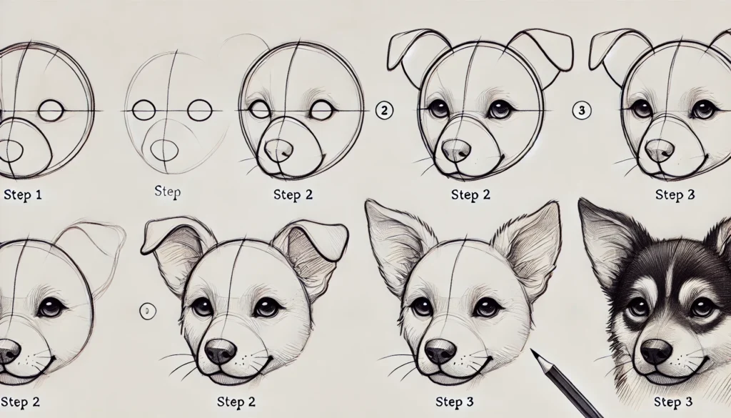 DALL·E 2024 10 30 10.16.20 A simple wide step by step beginner drawing guide for sketching a dogs face. Step 1 shows an outline of the dogs head with one round shape and on 1