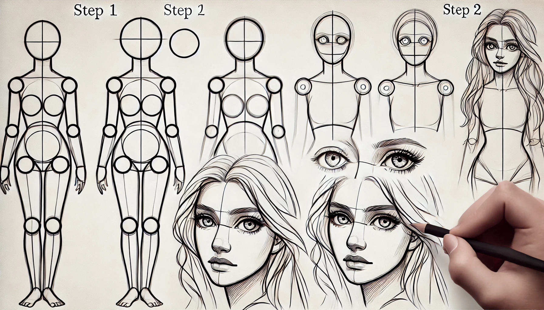 How To Draw A Girl in 5 Easy Steps Draw these steps in a simple and uncomplicated way so that beginners can understand them step by step and in detail and In a very wide and consistent image size. i want 3 photo. Step 1: Begin with the Basic Shapes The first step is about building a simple framework. Start with a circle for the head and gently sketch an oval or rectangle below for the torso. For the limbs, use lines or basic ovals, representing arms and legs. These rudimentary shapes help guide proportions and placement, creating a blueprint for your figure. Step 2: Outlining Facial Features Now, add the face. Lightly draw a vertical line down the head's center and a horizontal line for eye placement. Eyes usually sit in the middle of the head circle, with the nose and mouth below. This layout keeps the face balanced and is a helpful guide for placing features. Step 3: Adding Details to the Face With a basic outline in place, refine the eyes by adding irises and pupils to give them expression. Sketch a small bridge for the nose with slight shading. Shape the lips, giving them gentle curves to add personality. Each element contributes to the character's overall look, transforming simple lines into a lifelike face. Step 4: Drawing the Hair Choose a hairstyle that reflects your character's personality. Start with a basic outline for the hairline, then build up the shape using light, curved strokes. Focus on creating flow and volume by following the head's natural contour. Hair can vary greatly, so experiment with lengths, textures, and styles. Step 5: Outlining the Body and Limbs Now, refine the torso, making it proportional to the head. Draw the arms and legs by fleshing out the initial lines, adding subtle curves to create natural forms. Add hands and feet in simple, rounded shapes to keep the focus on the figure’s proportions without overwhelming details.