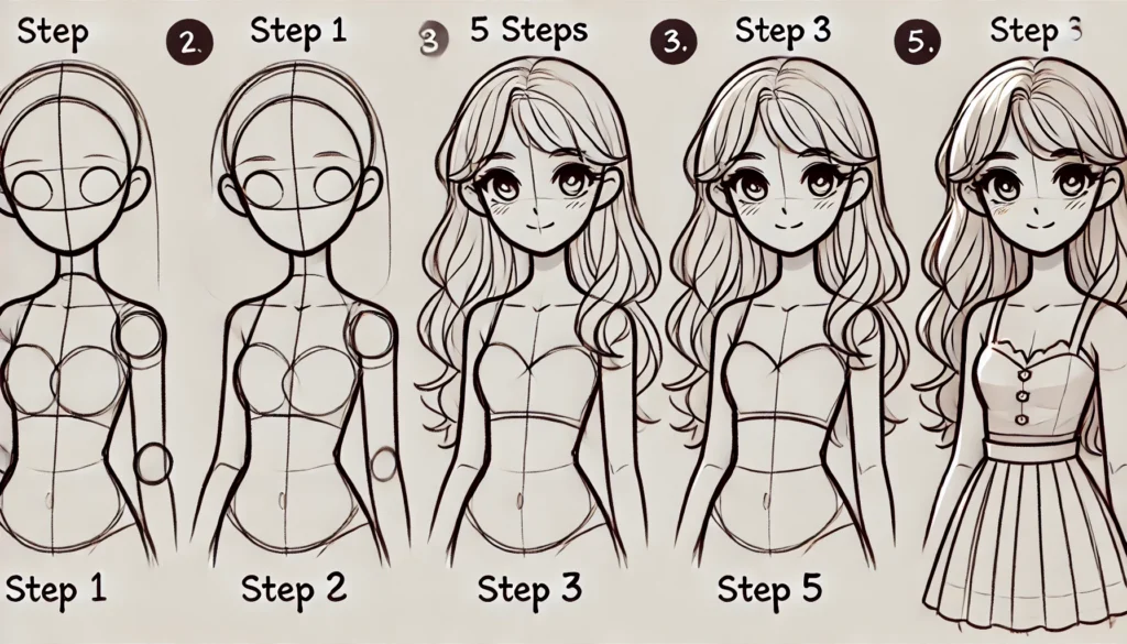 How To Draw A Girl in 5 Easy Steps
Draw these steps in a simple and uncomplicated way so that beginners can understand them step by step and in detail and In a very wide and consistent image size. i want 3 photo.
Step 1: Begin with the Basic Shapes
The first step is about building a simple framework. Start with a circle for the head and gently sketch an oval or rectangle below for the torso. For the limbs, use lines or basic ovals, representing arms and legs. These rudimentary shapes help guide proportions and placement, creating a blueprint for your figure.

Step 2: Outlining Facial Features
Now, add the face. Lightly draw a vertical line down the head's center and a horizontal line for eye placement. Eyes usually sit in the middle of the head circle, with the nose and mouth below. This layout keeps the face balanced and is a helpful guide for placing features.

Step 3: Adding Details to the Face
With a basic outline in place, refine the eyes by adding irises and pupils to give them expression. Sketch a small bridge for the nose with slight shading. Shape the lips, giving them gentle curves to add personality. Each element contributes to the character's overall look, transforming simple lines into a lifelike face.

Step 4: Drawing the Hair
Choose a hairstyle that reflects your character's personality. Start with a basic outline for the hairline, then build up the shape using light, curved strokes. Focus on creating flow and volume by following the head's natural contour. Hair can vary greatly, so experiment with lengths, textures, and styles.

Step 5: Outlining the Body and Limbs
Now, refine the torso, making it proportional to the head. Draw the arms and legs by fleshing out the initial lines, adding subtle curves to create natural forms. Add hands and feet in simple, rounded shapes to keep the focus on the figure’s proportions without overwhelming details.
