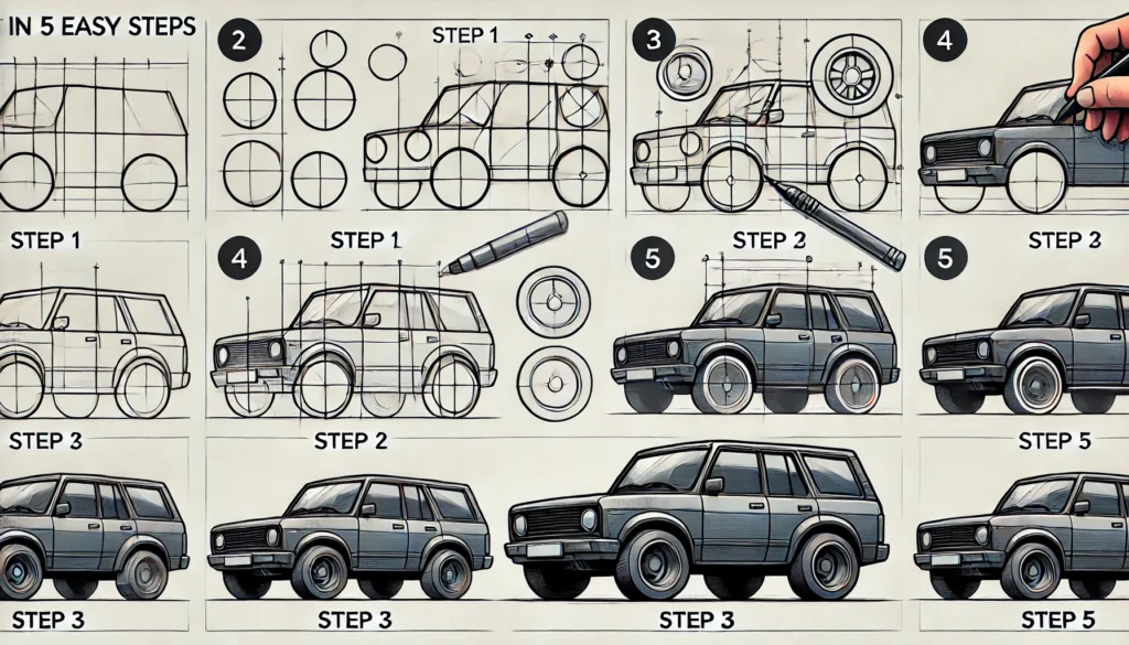 Introduction to Drawing a Car
Drawing a car can be one of the most thrilling challenges for an artist. With its sleek lines, bold curves, and intricate details, a car embodies both simplicity and complexity. Cars captivate artists because they’re dynamic yet structured, providing ample opportunity to play with form, light, and shadow.

The Essential Tools for Drawing a Car
Before diving in, gather a few essential tools to make the process smoother. At the minimum, you’ll need a quality pencil, eraser, and paper. For those wanting extra precision, tools like fine-tipped markers, shading pencils, and even a ruler can be useful. These extra tools enhance detail and help with symmetry, especially when working on complex car features.

Step 1: Laying Down the Car’s Foundation
Begin with envisioning the type of car you want to draw—whether it’s a sporty coupe, a classic sedan, or a modern SUV. Start by sketching a few simple geometric shapes like rectangles or ovals to form the car’s base. These shapes serve as placeholders for the car’s major elements, setting the stage for the body and ensuring your proportions stay balanced.

Step 2: Sketching the Car’s Frame and Body
Next, refine these basic shapes to outline the car’s main body. Gradually modify your initial geometric figures, smoothing out edges and adding curves to create a more accurate silhouette. This stage is all about defining the car’s unique structure and form, making adjustments as needed to capture its essence.

Adding Depth with Perspective
To give the car a three-dimensional look, apply perspective by narrowing the lines at the rear. Think about where you want the viewer’s eye to focus. Perspective will help the car appear as if it’s popping out from the page, bringing a sense of realism and dynamism to your drawing.

Step 3: Drawing Wheels and Adding Detail
The wheels are crucial in any car drawing, as they anchor the vehicle and set its stance. Start by sketching two circles for the front and rear wheels, ensuring they align accurately. Properly positioning the wheels is vital; they should match the angle and proportion of the car’s body to look realistic.

Adding Tires and Rims
To make the wheels come alive, add details like tire treads and rims. Tire shapes should be slightly flattened at the bottom if you want to show weight. For the rims, go for a design that complements the car’s style—sleek and simple for a luxury car, or more intricate for a sporty look.

Step 4: Shaping the Windows, Doors, and Mirrors
Outline the windows by drawing rectangular shapes within the car’s frame, being mindful of symmetry. Add doors by sketching lines that curve slightly to match the body. Finish this section by adding mirrors, keeping them proportionate and connected to the body for a cohesive look.

Adding the Front and Rear Bumpers
Bumpers are key to a car’s front and rear identity. Define the shape of the bumpers, matching the car’s style. If it’s a sporty car, go for angular, aggressive lines. If it’s a family sedan, keep them rounded and soft. Small adjustments to bumper design can make a big difference in the car’s personality.

Step 5: Finalizing Details on Lights and Grills
Now add the headlights and taillights, essential for realism. For headlights, focus on symmetry and shape. Taillights can add flair, especially if you’re drawing a car with unique lighting. The grill is often the face of the car—sketch fine lines for detail, or a bold shape for a luxury vibe.

Creating Shadows for Depth
Shadows enhance realism by adding weight to your car. Add subtle shadows under the car, around the tires, and between body parts. Cross-hatching and smooth shading techniques can help, giving your drawing more dimension and realism.

Refining Edges and Erasing Guidelines
Use an eraser to clean up stray lines and erase construction shapes. This cleanup phase gives your drawing a polished look. As you refine edges, pay attention to areas that could benefit from extra line thickness, which adds a sense of solidity to your lines.

Adding Color to Bring Your Car to Life
If you’re coloring, select hues that align with the car’s personality—bold red for sporty cars, sleek silver for luxury. Colored pencils or markers add depth, while digital tools offer even more control. Blend shades for a more vivid, lifelike appearance.

Detailing Textures and Reflections
To make your car gleam, add textures and reflections. Smoothly drawn reflections mimic a car’s metallic body. The texture of tires or a shiny chrome bumper can be achieved by varying your shading techniques, adding to the car’s realism.

Enhancing Highlights for Extra Pop
Highlights can transform your drawing by adding a glossy, reflective finish. Use a white pencil or digital tool to place small, bright spots where light hits the car—along the hood, on the windows, or the bumper. This step creates the illusion of a polished surface.

Final Touches and Adjustments
Add any last touches, tweaking areas that may need slight corrections or added depth. Ensuring balance in your shading and line work brings the entire drawing together. Focus on light consistency, as even small tweaks can elevate your drawing.

Common Mistakes to Avoid When Drawing Cars
Avoid proportion errors by taking time on the initial shapes. Another common mistake is jumping to details too soon; keep refining the basics before adding intricate features. Patience at each step helps ensure accuracy.

Tips for Practicing Car Drawing
Practicing different car elements individually, such as headlights, wheels, or grills, will improve your overall skills. Set aside time for these exercises to build familiarity with each part of a car’s design.

Exploring Different Car Styles and Models
Cars vary in shape and style. Drawing different models, from vintage classics to futuristic concepts, not only enhances your skill but also gives you a chance to experiment with new techniques.

Conclusion and Encouragement to Keep Drawing
Mastering the art of drawing cars is a journey, not a destination. Each sketch will bring new insights and refined skills. With practice, the lines will flow more freely, and your confidence will grow. Embrace each car as a new adventure.









