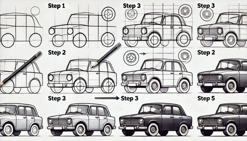 Introduction to Drawing a Car
Drawing a car can be one of the most thrilling challenges for an artist. With its sleek lines, bold curves, and intricate details, a car embodies both simplicity and complexity. Cars captivate artists because they’re dynamic yet structured, providing ample opportunity to play with form, light, and shadow.

The Essential Tools for Drawing a Car
Before diving in, gather a few essential tools to make the process smoother. At the minimum, you’ll need a quality pencil, eraser, and paper. For those wanting extra precision, tools like fine-tipped markers, shading pencils, and even a ruler can be useful. These extra tools enhance detail and help with symmetry, especially when working on complex car features.

Step 1: Laying Down the Car’s Foundation
Begin with envisioning the type of car you want to draw—whether it’s a sporty coupe, a classic sedan, or a modern SUV. Start by sketching a few simple geometric shapes like rectangles or ovals to form the car’s base. These shapes serve as placeholders for the car’s major elements, setting the stage for the body and ensuring your proportions stay balanced.

Step 2: Sketching the Car’s Frame and Body
Next, refine these basic shapes to outline the car’s main body. Gradually modify your initial geometric figures, smoothing out edges and adding curves to create a more accurate silhouette. This stage is all about defining the car’s unique structure and form, making adjustments as needed to capture its essence.

Adding Depth with Perspective
To give the car a three-dimensional look, apply perspective by narrowing the lines at the rear. Think about where you want the viewer’s eye to focus. Perspective will help the car appear as if it’s popping out from the page, bringing a sense of realism and dynamism to your drawing.

Step 3: Drawing Wheels and Adding Detail
The wheels are crucial in any car drawing, as they anchor the vehicle and set its stance. Start by sketching two circles for the front and rear wheels, ensuring they align accurately. Properly positioning the wheels is vital; they should match the angle and proportion of the car’s body to look realistic.

Adding Tires and Rims
To make the wheels come alive, add details like tire treads and rims. Tire shapes should be slightly flattened at the bottom if you want to show weight. For the rims, go for a design that complements the car’s style—sleek and simple for a luxury car, or more intricate for a sporty look.

Step 4: Shaping the Windows, Doors, and Mirrors
Outline the windows by drawing rectangular shapes within the car’s frame, being mindful of symmetry. Add doors by sketching lines that curve slightly to match the body. Finish this section by adding mirrors, keeping them proportionate and connected to the body for a cohesive look.

Adding the Front and Rear Bumpers
Bumpers are key to a car’s front and rear identity. Define the shape of the bumpers, matching the car’s style. If it’s a sporty car, go for angular, aggressive lines. If it’s a family sedan, keep them rounded and soft. Small adjustments to bumper design can make a big difference in the car’s personality.

Step 5: Finalizing Details on Lights and Grills
Now add the headlights and taillights, essential for realism. For headlights, focus on symmetry and shape. Taillights can add flair, especially if you’re drawing a car with unique lighting. The grill is often the face of the car—sketch fine lines for detail, or a bold shape for a luxury vibe.

Creating Shadows for Depth
Shadows enhance realism by adding weight to your car. Add subtle shadows under the car, around the tires, and between body parts. Cross-hatching and smooth shading techniques can help, giving your drawing more dimension and realism.

Refining Edges and Erasing Guidelines
Use an eraser to clean up stray lines and erase construction shapes. This cleanup phase gives your drawing a polished look. As you refine edges, pay attention to areas that could benefit from extra line thickness, which adds a sense of solidity to your lines.

Adding Color to Bring Your Car to Life
If you’re coloring, select hues that align with the car’s personality—bold red for sporty cars, sleek silver for luxury. Colored pencils or markers add depth, while digital tools offer even more control. Blend shades for a more vivid, lifelike appearance.

Detailing Textures and Reflections
To make your car gleam, add textures and reflections. Smoothly drawn reflections mimic a car’s metallic body. The texture of tires or a shiny chrome bumper can be achieved by varying your shading techniques, adding to the car’s realism.

Enhancing Highlights for Extra Pop
Highlights can transform your drawing by adding a glossy, reflective finish. Use a white pencil or digital tool to place small, bright spots where light hits the car—along the hood, on the windows, or the bumper. This step creates the illusion of a polished surface.

Final Touches and Adjustments
Add any last touches, tweaking areas that may need slight corrections or added depth. Ensuring balance in your shading and line work brings the entire drawing together. Focus on light consistency, as even small tweaks can elevate your drawing.

Common Mistakes to Avoid When Drawing Cars
Avoid proportion errors by taking time on the initial shapes. Another common mistake is jumping to details too soon; keep refining the basics before adding intricate features. Patience at each step helps ensure accuracy.

Tips for Practicing Car Drawing
Practicing different car elements individually, such as headlights, wheels, or grills, will improve your overall skills. Set aside time for these exercises to build familiarity with each part of a car’s design.

Exploring Different Car Styles and Models
Cars vary in shape and style. Drawing different models, from vintage classics to futuristic concepts, not only enhances your skill but also gives you a chance to experiment with new techniques.

Conclusion and Encouragement to Keep Drawing
Mastering the art of drawing cars is a journey, not a destination. Each sketch will bring new insights and refined skills. With practice, the lines will flow more freely, and your confidence will grow. Embrace each car as a new adventure.









