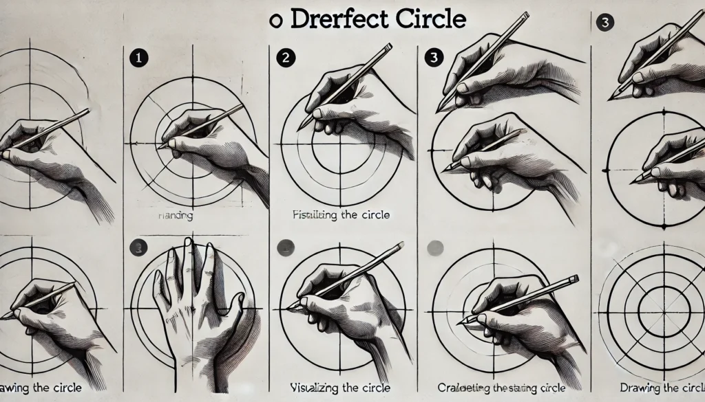 Step 1: Hand Positioning
3.1 Relaxing Your Hand and Arm
Tension is the enemy of fluid motion. Begin by stretching your fingers and loosening your wrist. This relaxation enhances flexibility, allowing your hand to glide rather than drag.

3.2 Anchoring Your Wrist for Stability
A stable wrist is the cornerstone of a controlled circle. Position your wrist lightly on the paper, allowing it to act as a pivot point. This creates a steady anchor, essential for a clean, unbroken line.

4. Step 2: Visualizing the Circle
4.1 Using Mental Imagery for Accuracy
Envision the circle in your mind. Picture its size, starting point, and how you’ll sweep around. This mental practice helps reduce hesitations, leading to smoother, more confident lines.

4.2 Practicing Light Tracing
Using gentle, faint lines, trace the imagined circle. This preliminary outline doesn’t need to be perfect – it’s a guide that helps your hand become familiar with the motion.

5. Step 3: Starting Your Circle
5.1 Beginning with a Gentle Curve
With your initial line in place, commit to a continuous movement. Start gently, focusing on forming a consistent curve. Remember, the first step is about building form, not immediate perfection.

5.2 Maintaining Even Pressure Throughout
As you move, keep the pressure on your pencil consistent. Heavy-handedness can distort the curve or create unwanted edges, while too light a touch may break the line’s continuity.

6. Step 4: Continuous Movement
6.1 Emphasizing Flow and Smoothness
In drawing circles, fluidity is paramount. Move with a steady rhythm, avoiding pauses or stops. Let your hand flow naturally, guiding the line seamlessly around the path.

6.2 Avoiding Common Mistakes in Circular Strokes
Circles often go awry due to hesitations or abrupt shifts in pressure. Keep a relaxed hand and a consistent pace, staying mindful of any sudden motions.

7. Step 5: Connecting the Ends
7.1 Completing the Circle Seamlessly
As you near the starting point, focus on closing the gap without overlap. A seamless connection between the start and endpoint marks a well-drawn circle.