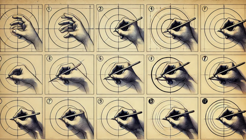 Step 1: Hand Positioning
3.1 Relaxing Your Hand and Arm
Tension is the enemy of fluid motion. Begin by stretching your fingers and loosening your wrist. This relaxation enhances flexibility, allowing your hand to glide rather than drag.

3.2 Anchoring Your Wrist for Stability
A stable wrist is the cornerstone of a controlled circle. Position your wrist lightly on the paper, allowing it to act as a pivot point. This creates a steady anchor, essential for a clean, unbroken line.

4. Step 2: Visualizing the Circle
4.1 Using Mental Imagery for Accuracy
Envision the circle in your mind. Picture its size, starting point, and how you’ll sweep around. This mental practice helps reduce hesitations, leading to smoother, more confident lines.

4.2 Practicing Light Tracing
Using gentle, faint lines, trace the imagined circle. This preliminary outline doesn’t need to be perfect – it’s a guide that helps your hand become familiar with the motion.

5. Step 3: Starting Your Circle
5.1 Beginning with a Gentle Curve
With your initial line in place, commit to a continuous movement. Start gently, focusing on forming a consistent curve. Remember, the first step is about building form, not immediate perfection.

5.2 Maintaining Even Pressure Throughout
As you move, keep the pressure on your pencil consistent. Heavy-handedness can distort the curve or create unwanted edges, while too light a touch may break the line’s continuity.

6. Step 4: Continuous Movement
6.1 Emphasizing Flow and Smoothness
In drawing circles, fluidity is paramount. Move with a steady rhythm, avoiding pauses or stops. Let your hand flow naturally, guiding the line seamlessly around the path.

6.2 Avoiding Common Mistakes in Circular Strokes
Circles often go awry due to hesitations or abrupt shifts in pressure. Keep a relaxed hand and a consistent pace, staying mindful of any sudden motions.

7. Step 5: Connecting the Ends
7.1 Completing the Circle Seamlessly
As you near the starting point, focus on closing the gap without overlap. A seamless connection between the start and endpoint marks a well-drawn circle.