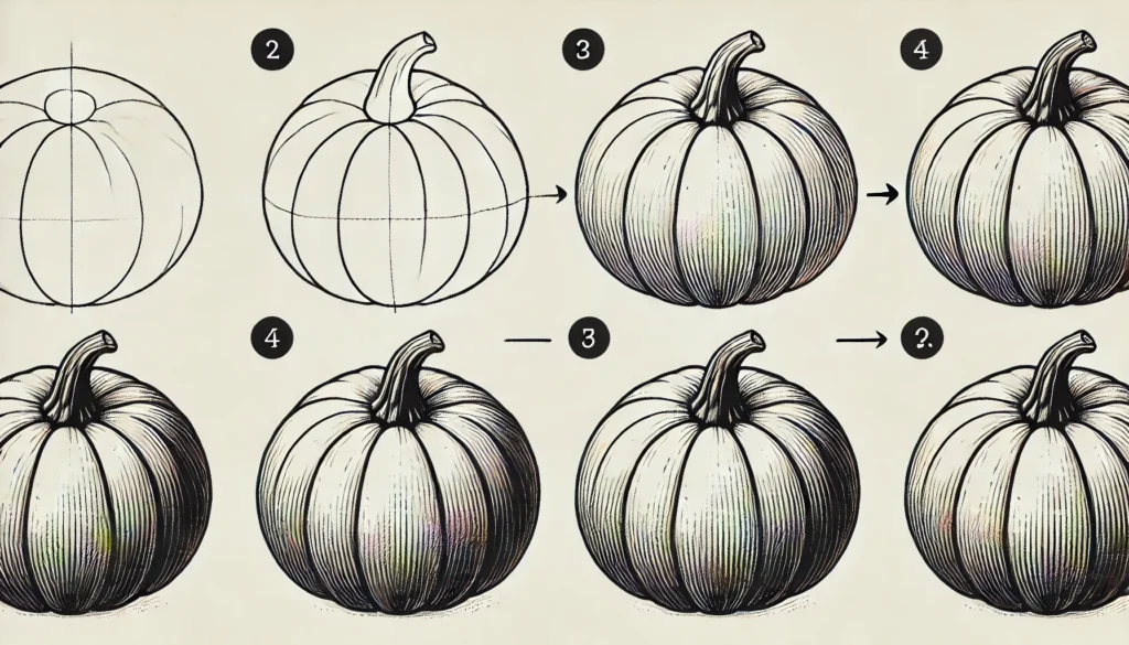 Step 1: Crafting the Basic Outline

Every great drawing begins with a simple outline. This first step is all about forming the skeleton of the pumpkin – a rounded, soft shape that will guide the entire sketch.

Visualizing the Shape of a Pumpkin

Imagine the pumpkin in its entirety. Typically, it’s a rounded shape with a slightly squat, earthy form. Keep this vision in mind as you begin your outline.

Drawing Light Guidelines for Proportion

Lightly sketch an oval or circle on your paper. These initial lines don’t have to be perfect, as they will serve as a guide for placing other details accurately.

Establishing the Central Circle as the Core

Mark a gentle circle at the center of your outline. This serves as the core, from which you’ll build the remaining segments. Keep it light so that it can be adjusted later.

Step 2: Adding the Ribbed Sections

The ribbed sections, or the natural “ridges” on the pumpkin’s surface, lend the drawing its distinctive texture. This step brings structure to your sketch, giving it life and dimensionality.

Understanding the Pumpkin’s Natural Segmentation

Notice how a pumpkin is divided into sections, each separated by a rib. These segments often radiate from the stem and expand outward, creating a natural, organic structure.

How to Draw Rounded Lines for Realistic Ribs

From your central circle, draw soft, rounded lines that curve outward, resembling the pumpkin’s segments. Each line should gradually taper as it reaches the outer edge.

Tips for Consistent Rib Spacing

To achieve a balanced look, try to space the ribs evenly. But remember, a bit of asymmetry adds realism. Aim for consistency, not rigidity.

Step 3: Shaping the Pumpkin’s Stem

The pumpkin’s stem is its crowning feature, often gnarled and bent in a way that adds character to the overall drawing.

Sketching the Organic Curves of the Stem

At the top of your pumpkin, sketch the stem by drawing a small, slightly crooked shape that tapers toward the tip. Keep the lines loose to capture the natural curve.

Creating Depth with Layered Strokes

Add dimension by layering short strokes on the stem, emphasizing the edges and contours. This layered approach will make the stem appear more realistic.

Incorporating Texture for Realism

To make the stem more lifelike, include small textured lines that follow its natural bends. These details create a rugged, earthy look that enhances the drawing.

Step 4: Enhancing with Shading and Depth

Shading is the key to giving your pumpkin a three-dimensional look. This step transforms your flat sketch into a rounded, realistic image.

Choosing the Right Light Source

Imagine a light source hitting one side of the pumpkin. This direction will guide where you place shadows and highlights, giving the pumpkin its realistic form.

Adding Shadows for Dimension

Begin shading along the edges of each rib, with darker shading on the side opposite your light source. This contrast will add depth and make the pumpkin pop off the page.

Techniques to Achieve a Natural Gradient

Use a gradual gradient from dark to light as you shade each section. Smooth out any harsh lines to achieve a softer, more natural look.

Step 5: Adding Final Details for Realism

This final step is all about refining and polishing. It’s where your pumpkin truly comes to life with subtle touches that make all the difference.

Outlining the Curves for Definition

Lightly outline the main curves of each segment. This subtle emphasis sharpens the drawing, giving each rib its defined place in the structure.

Refining Edges for a Finished Look

Check the edges and erase any unnecessary lines. This tidy-up step brings clarity to the drawing, making it look polished and complete.

Optional Details: Spots, Lines, and Imperfections

Add a few imp
