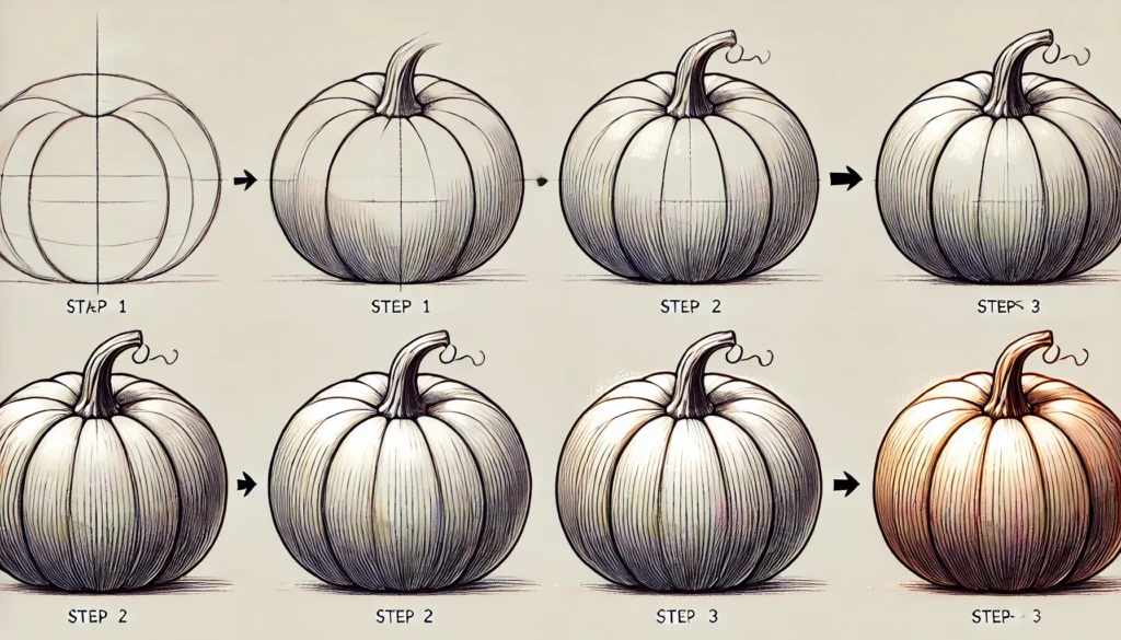 Step 1: Crafting the Basic Outline

Every great drawing begins with a simple outline. This first step is all about forming the skeleton of the pumpkin – a rounded, soft shape that will guide the entire sketch.

Visualizing the Shape of a Pumpkin

Imagine the pumpkin in its entirety. Typically, it’s a rounded shape with a slightly squat, earthy form. Keep this vision in mind as you begin your outline.

Drawing Light Guidelines for Proportion

Lightly sketch an oval or circle on your paper. These initial lines don’t have to be perfect, as they will serve as a guide for placing other details accurately.

Establishing the Central Circle as the Core

Mark a gentle circle at the center of your outline. This serves as the core, from which you’ll build the remaining segments. Keep it light so that it can be adjusted later.

Step 2: Adding the Ribbed Sections

The ribbed sections, or the natural “ridges” on the pumpkin’s surface, lend the drawing its distinctive texture. This step brings structure to your sketch, giving it life and dimensionality.

Understanding the Pumpkin’s Natural Segmentation

Notice how a pumpkin is divided into sections, each separated by a rib. These segments often radiate from the stem and expand outward, creating a natural, organic structure.

How to Draw Rounded Lines for Realistic Ribs

From your central circle, draw soft, rounded lines that curve outward, resembling the pumpkin’s segments. Each line should gradually taper as it reaches the outer edge.

Tips for Consistent Rib Spacing

To achieve a balanced look, try to space the ribs evenly. But remember, a bit of asymmetry adds realism. Aim for consistency, not rigidity.

Step 3: Shaping the Pumpkin’s Stem

The pumpkin’s stem is its crowning feature, often gnarled and bent in a way that adds character to the overall drawing.

Sketching the Organic Curves of the Stem

At the top of your pumpkin, sketch the stem by drawing a small, slightly crooked shape that tapers toward the tip. Keep the lines loose to capture the natural curve.

Creating Depth with Layered Strokes

Add dimension by layering short strokes on the stem, emphasizing the edges and contours. This layered approach will make the stem appear more realistic.

Incorporating Texture for Realism

To make the stem more lifelike, include small textured lines that follow its natural bends. These details create a rugged, earthy look that enhances the drawing.

Step 4: Enhancing with Shading and Depth

Shading is the key to giving your pumpkin a three-dimensional look. This step transforms your flat sketch into a rounded, realistic image.

Choosing the Right Light Source

Imagine a light source hitting one side of the pumpkin. This direction will guide where you place shadows and highlights, giving the pumpkin its realistic form.

Adding Shadows for Dimension

Begin shading along the edges of each rib, with darker shading on the side opposite your light source. This contrast will add depth and make the pumpkin pop off the page.

Techniques to Achieve a Natural Gradient

Use a gradual gradient from dark to light as you shade each section. Smooth out any harsh lines to achieve a softer, more natural look.

Step 5: Adding Final Details for Realism

This final step is all about refining and polishing. It’s where your pumpkin truly comes to life with subtle touches that make all the difference.

Outlining the Curves for Definition

Lightly outline the main curves of each segment. This subtle emphasis sharpens the drawing, giving each rib its defined place in the structure.

Refining Edges for a Finished Look

Check the edges and erase any unnecessary lines. This tidy-up step brings clarity to the drawing, making it look polished and complete.

Optional Details: Spots, Lines, and Imperfections

Add a few imp