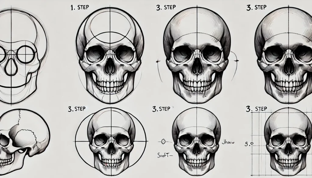 Step 1: Sketching the Basic Shape

Begin by sketching a simple oval for the cranium, followed by a rectangular shape beneath it to guide the jaw placement. Keep proportions in check to maintain realism: the skull’s width should slightly taper as it reaches the chin, with a wider cranium.

Step 2: Defining the Skull Structure

Map out two large circles for the eye sockets, centered horizontally within the oval. Position a triangular shape for the nose cavity just below the midpoint. Draw a soft curve to indicate the jawline, with higher cheekbones to provide structure.

Step 3: Adding Depth with Shading

Identify a light source to decide where shadows will fall. Use a softer pencil, such as a 2B, to shade around the eye sockets, cheekbones, and beneath the jaw. Blend using a tissue or blending stump, allowing the skull to gain volume and depth.

Step 4: Detailing Teeth and Jaw

Divide the lower portion of the skull for the teeth, drawing them with slightly rounded rectangles. Take care to space them evenly but leave minor imperfections for a natural look. Add lines and soft shading to the jaw for texture.

Step 5: Refining and Finishing Touches

Examine your drawing for any uneven areas. Use an eraser to lighten any over-shaded regions, giving a more balanced look. Add final, delicate strokes around the edges to bring a lifelike quality to the skull.

