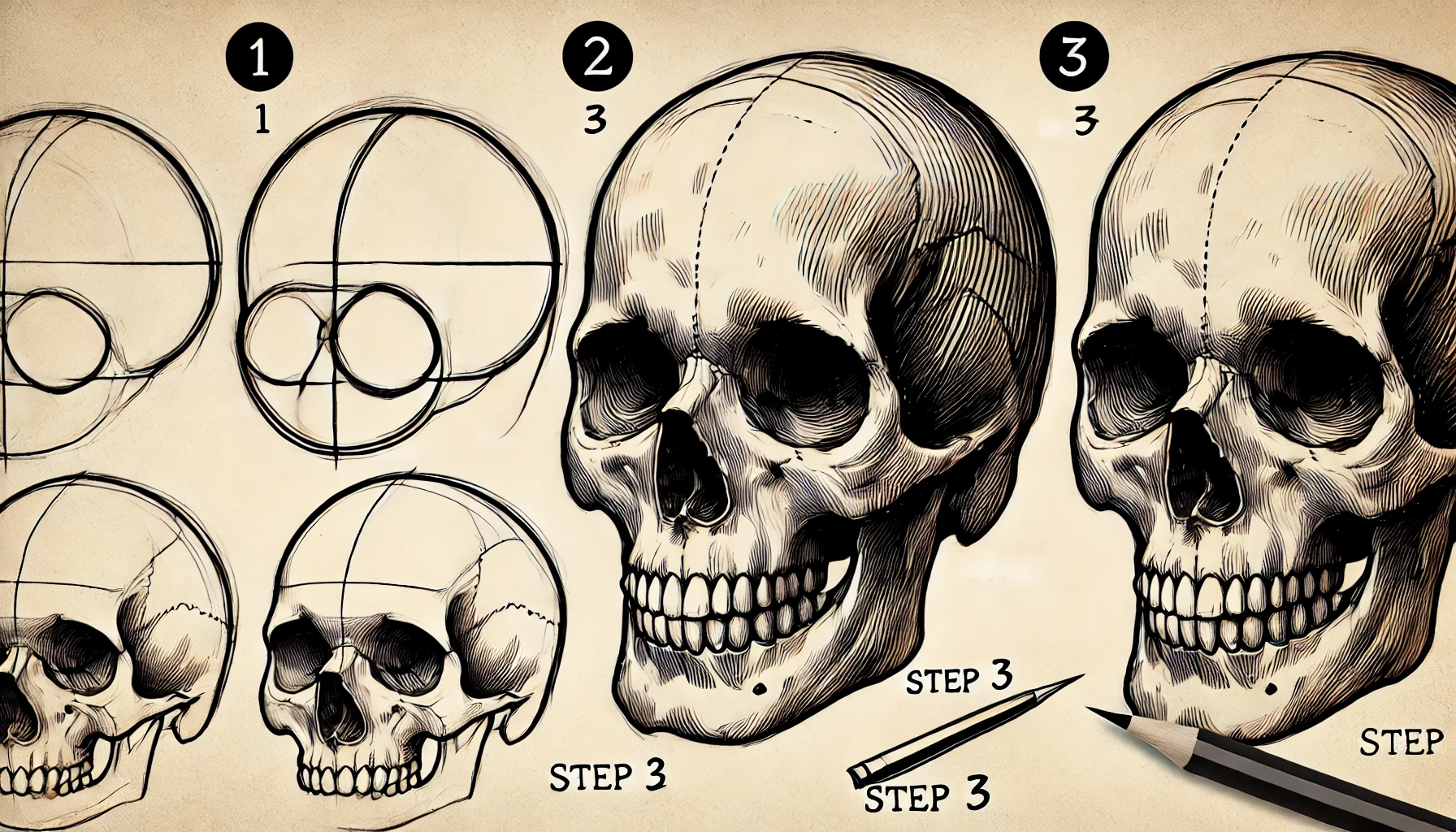 Step 1: Sketching the Basic Shape Begin by sketching a simple oval for the cranium, followed by a rectangular shape beneath it to guide the jaw placement. Keep proportions in check to maintain realism: the skull’s width should slightly taper as it reaches the chin, with a wider cranium. Step 2: Defining the Skull Structure Map out two large circles for the eye sockets, centered horizontally within the oval. Position a triangular shape for the nose cavity just below the midpoint. Draw a soft curve to indicate the jawline, with higher cheekbones to provide structure. Step 3: Adding Depth with Shading Identify a light source to decide where shadows will fall. Use a softer pencil, such as a 2B, to shade around the eye sockets, cheekbones, and beneath the jaw. Blend using a tissue or blending stump, allowing the skull to gain volume and depth. Step 4: Detailing Teeth and Jaw Divide the lower portion of the skull for the teeth, drawing them with slightly rounded rectangles. Take care to space them evenly but leave minor imperfections for a natural look. Add lines and soft shading to the jaw for texture. Step 5: Refining and Finishing Touches Examine your drawing for any uneven areas. Use an eraser to lighten any over-shaded regions, giving a more balanced look. Add final, delicate strokes around the edges to bring a lifelike quality to the skull.