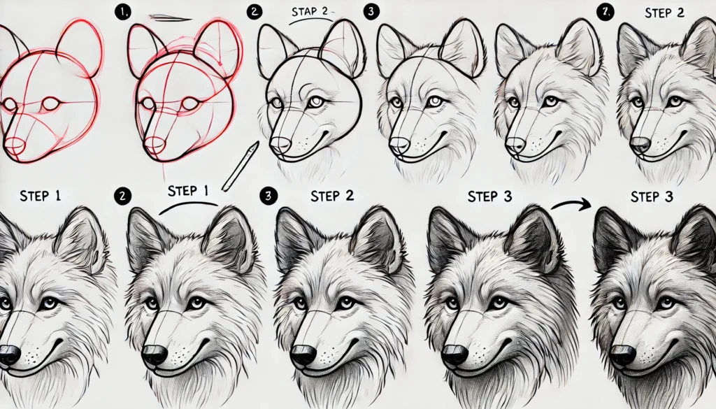 "Draw these steps in a simple and uncomplicated way so that beginners can understand them step by step and in detail and In a very wide and consistent image size. i want 3 photo."
Step 1: Sketching the Wolf’s Head

Begin with light, guiding lines to map the proportions of the wolf's head. The head should resemble an oval, slightly wider at the top to make room for the ears. Keep it symmetrical; symmetry is key to achieving a balanced face.

Step 2: Adding the Ears and Eyes

The ears are triangular, but with a slightly rounded upper edge. Place them on either side of the head’s widest part, tilting them outward for a natural look. As you draw the eyes, remember to make them almond-shaped, slanting slightly downward to give that intense, wild expression wolves are known for.

Step 3: Outlining the Snout and Nose

Moving on to the snout, sketch two parallel lines coming down from the head shape to create the bridge of the nose. Slightly taper the lines inward as you move downward, finishing with an oval shape at the bottom to represent the nose itself. For the nose, use a soft pencil to outline its shape, adding a small, rounded curve at the bottom for that classic wolf look.

Step 4: Shaping the Fur Around the Face

Wolf fur is thick and layered, giving them that iconic rugged look. Use short, flicking motions for smaller fur strokes around the face and ears. For a fuller look, layer longer fur strokes around the cheeks and jawline. Vary the direction of each stroke to give a natural flow.

Step 5: Crafting the Wolf’s Neck and Shoulders

The neck flows seamlessly into the body, carrying a slight slope downwards. Draw rough, long strokes for the neck fur, following the curve of the neck. Add defined, shorter strokes to mimic the shoulder fur, creating a muscular and structured look.
