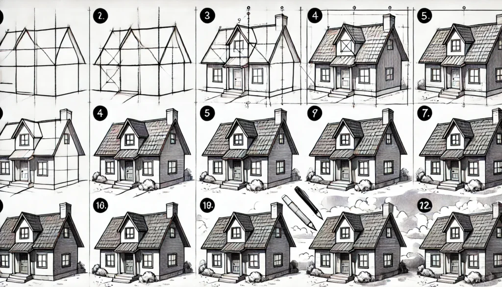 "Draw these steps in a simple and uncomplicated way so that beginners can understand them step by step and in detail and In a very wide and consistent image size. i want 3 photo."

Creating a Simple Rectangle Foundation
Every house drawing starts with the basics—a rectangle or square to serve as the foundation. This shape forms the base walls, creating a sturdy structure for what’s to come. Keep it symmetrical for a balanced look.

Adding a Triangle Roof for Balance
Draw a triangle on top of the rectangle to create the roof. This simple shape not only adds character but also completes the house’s frame. Ensure it’s centered for a harmonious feel.

Ensuring Proportion and Symmetry
Symmetry is essential. Make sure your shapes align well, creating a house that feels balanced and visually appealing. A ruler can help you achieve accurate proportions without hassle.

Drawing Roof Shingles for Texture
Shingles add a touch of realism to the roof. Small, consistent lines give the roof texture and make it appear more detailed. Don’t worry about making each line perfect; slight variations enhance authenticity.

Crafting a Chimney for Realism
Add a small rectangle on one side of the roof to represent a chimney. It’s a quaint detail that makes your drawing more lifelike, creating an image of warmth and homeliness.

Enhancing Roof Edges for Depth
To make the roof pop, add subtle lines along the edges, giving it depth and a layered appearance. This small touch can make a significant difference, adding dimension to an otherwise flat drawing.

Placing Windows Symmetrically
Windows are the eyes of a house. Draw two square or rectangular windows on either side of the door, ensuring symmetry. Their placement adds personality and gives the house a welcoming feel.

Adding Realistic Windowpanes
Split each window into four parts using light cross-lines. This detail captures the classic windowpane look, adding sophistication and making your drawing more intricate.

Crafting a Welcoming Door Design
Draw a rectangular door in the center of the house. Adding a small handle or steps leading up to it makes the house feel inviting, giving your drawing character and warmth.

Sketching a Pathway or Garden
Add a path leading from the door to the bottom of the paper, guiding the viewer’s eye. A simple garden with bushes or flowers on either side of the path softens the scene, adding a natural touch.

Adding Bushes, Flowers, or Trees
Small shrubs, flowers, or a tree on either side of the house bring it to life. These details suggest a lived-in, cozy atmosphere, making the house feel more complete and welcoming.

Incorporating Background Elements
A few background details like clouds or a simple horizon line anchor the house in a setting. These additions provide context and make the house appear more grounded in a serene environment.

Outlining with Ink for Definition
Using ink to outline the house sharpens the image, making lines bold and clear. This step is optional but gives the drawing a crisp, finished look that stands out on paper.

Shading for Depth and Dimension
Add shading to bring depth to the walls, roof, and surroundings. Use gentle strokes to add shadows and highlights, creating a three-dimensional effect that makes your house feel real.

Erasing Extra Lines for Cleanliness
Erase any stray pencil marks or overlapping lines to give your drawing a polished look. A clean sketch enhances the overall effect, leaving you with a refined, professional-looking house drawing.
How To Draw A House 5 Easy Steps – Quick and Simple