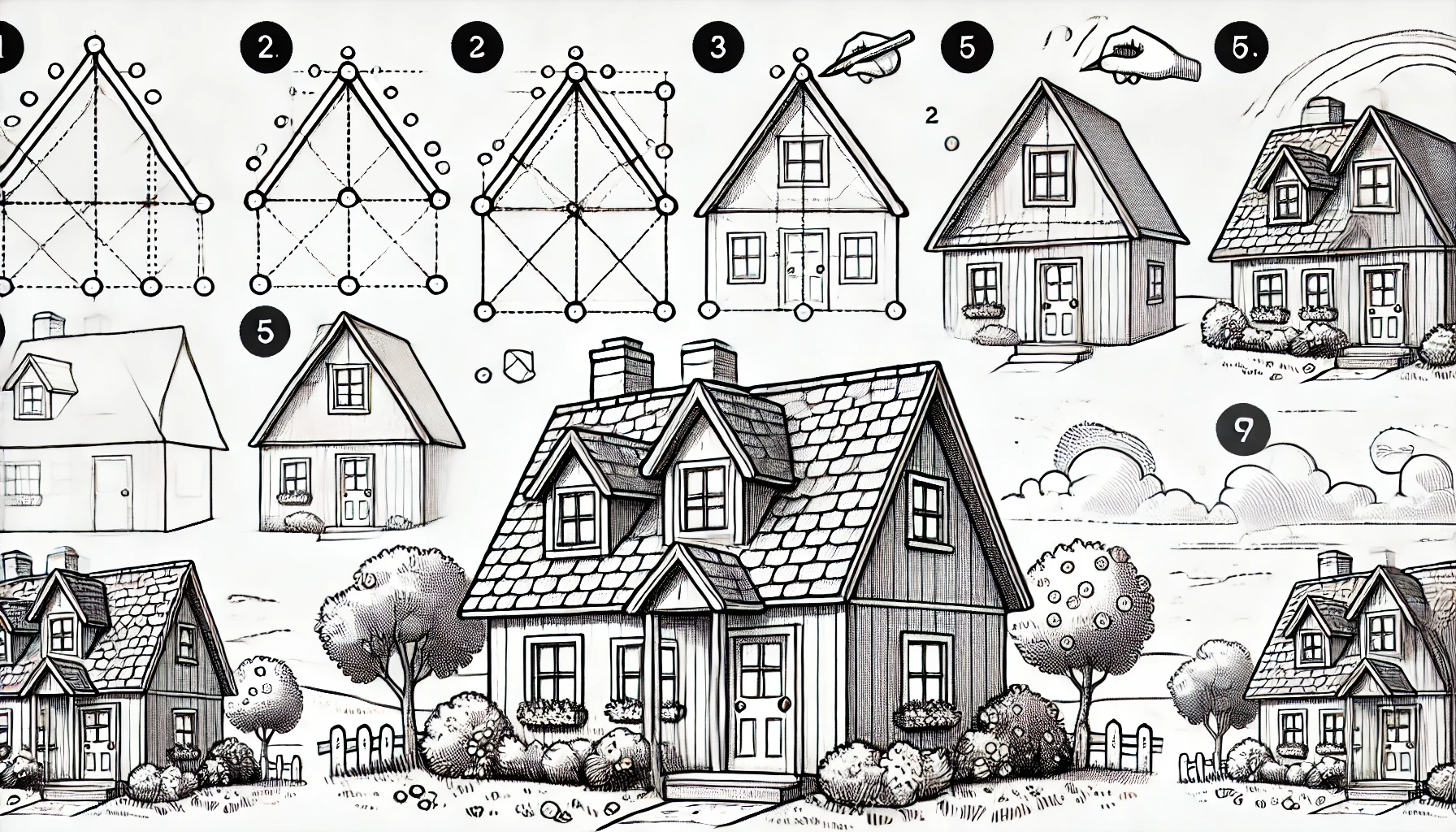 "Draw these steps in a simple and uncomplicated way so that beginners can understand them step by step and in detail and In a very wide and consistent image size. i want 3 photo." Creating a Simple Rectangle Foundation Every house drawing starts with the basics—a rectangle or square to serve as the foundation. This shape forms the base walls, creating a sturdy structure for what’s to come. Keep it symmetrical for a balanced look. Adding a Triangle Roof for Balance Draw a triangle on top of the rectangle to create the roof. This simple shape not only adds character but also completes the house’s frame. Ensure it’s centered for a harmonious feel. Ensuring Proportion and Symmetry Symmetry is essential. Make sure your shapes align well, creating a house that feels balanced and visually appealing. A ruler can help you achieve accurate proportions without hassle. Drawing Roof Shingles for Texture Shingles add a touch of realism to the roof. Small, consistent lines give the roof texture and make it appear more detailed. Don’t worry about making each line perfect; slight variations enhance authenticity. Crafting a Chimney for Realism Add a small rectangle on one side of the roof to represent a chimney. It’s a quaint detail that makes your drawing more lifelike, creating an image of warmth and homeliness. Enhancing Roof Edges for Depth To make the roof pop, add subtle lines along the edges, giving it depth and a layered appearance. This small touch can make a significant difference, adding dimension to an otherwise flat drawing. Placing Windows Symmetrically Windows are the eyes of a house. Draw two square or rectangular windows on either side of the door, ensuring symmetry. Their placement adds personality and gives the house a welcoming feel. Adding Realistic Windowpanes Split each window into four parts using light cross-lines. This detail captures the classic windowpane look, adding sophistication and making your drawing more intricate. Crafting a Welcoming Door Design Draw a rectangular door in the center of the house. Adding a small handle or steps leading up to it makes the house feel inviting, giving your drawing character and warmth. Sketching a Pathway or Garden Add a path leading from the door to the bottom of the paper, guiding the viewer’s eye. A simple garden with bushes or flowers on either side of the path softens the scene, adding a natural touch. Adding Bushes, Flowers, or Trees Small shrubs, flowers, or a tree on either side of the house bring it to life. These details suggest a lived-in, cozy atmosphere, making the house feel more complete and welcoming. Incorporating Background Elements A few background details like clouds or a simple horizon line anchor the house in a setting. These additions provide context and make the house appear more grounded in a serene environment. Outlining with Ink for Definition Using ink to outline the house sharpens the image, making lines bold and clear. This step is optional but gives the drawing a crisp, finished look that stands out on paper. Shading for Depth and Dimension Add shading to bring depth to the walls, roof, and surroundings. Use gentle strokes to add shadows and highlights, creating a three-dimensional effect that makes your house feel real. Erasing Extra Lines for Cleanliness Erase any stray pencil marks or overlapping lines to give your drawing a polished look. A clean sketch enhances the overall effect, leaving you with a refined, professional-looking house drawing. How To Draw A House 5 Easy Steps – Quick and Simple