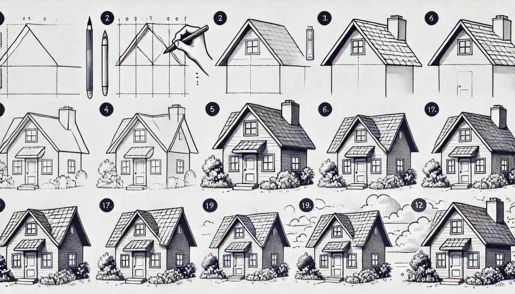 "Draw these steps in a simple and uncomplicated way so that beginners can understand them step by step and in detail and In a very wide and consistent image size. i want 3 photo."

Creating a Simple Rectangle Foundation
Every house drawing starts with the basics—a rectangle or square to serve as the foundation. This shape forms the base walls, creating a sturdy structure for what’s to come. Keep it symmetrical for a balanced look.

Adding a Triangle Roof for Balance
Draw a triangle on top of the rectangle to create the roof. This simple shape not only adds character but also completes the house’s frame. Ensure it’s centered for a harmonious feel.

Ensuring Proportion and Symmetry
Symmetry is essential. Make sure your shapes align well, creating a house that feels balanced and visually appealing. A ruler can help you achieve accurate proportions without hassle.

Drawing Roof Shingles for Texture
Shingles add a touch of realism to the roof. Small, consistent lines give the roof texture and make it appear more detailed. Don’t worry about making each line perfect; slight variations enhance authenticity.

Crafting a Chimney for Realism
Add a small rectangle on one side of the roof to represent a chimney. It’s a quaint detail that makes your drawing more lifelike, creating an image of warmth and homeliness.

Enhancing Roof Edges for Depth
To make the roof pop, add subtle lines along the edges, giving it depth and a layered appearance. This small touch can make a significant difference, adding dimension to an otherwise flat drawing.

Placing Windows Symmetrically
Windows are the eyes of a house. Draw two square or rectangular windows on either side of the door, ensuring symmetry. Their placement adds personality and gives the house a welcoming feel.

Adding Realistic Windowpanes
Split each window into four parts using light cross-lines. This detail captures the classic windowpane look, adding sophistication and making your drawing more intricate.

Crafting a Welcoming Door Design
Draw a rectangular door in the center of the house. Adding a small handle or steps leading up to it makes the house feel inviting, giving your drawing character and warmth.

Sketching a Pathway or Garden
Add a path leading from the door to the bottom of the paper, guiding the viewer’s eye. A simple garden with bushes or flowers on either side of the path softens the scene, adding a natural touch.

Adding Bushes, Flowers, or Trees
Small shrubs, flowers, or a tree on either side of the house bring it to life. These details suggest a lived-in, cozy atmosphere, making the house feel more complete and welcoming.

Incorporating Background Elements
A few background details like clouds or a simple horizon line anchor the house in a setting. These additions provide context and make the house appear more grounded in a serene environment.

Outlining with Ink for Definition
Using ink to outline the house sharpens the image, making lines bold and clear. This step is optional but gives the drawing a crisp, finished look that stands out on paper.

Shading for Depth and Dimension
Add shading to bring depth to the walls, roof, and surroundings. Use gentle strokes to add shadows and highlights, creating a three-dimensional effect that makes your house feel real.

Erasing Extra Lines for Cleanliness
Erase any stray pencil marks or overlapping lines to give your drawing a polished look. A clean sketch enhances the overall effect, leaving you with a refined, professional-looking house drawing.
How To Draw A House 5 Easy Steps – Quick and Simple