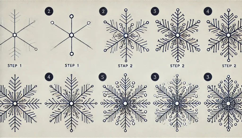 "Draw these steps in a simple and uncomplicated way so that beginners can understand them step by step and in detail and In a very wide and consistent image size. i want 3 photo."

Step 1: Start with the Center Point
Marking Your Snowflake’s Center
Begin with a small dot at the center of your paper, setting a foundation for symmetry. This focal point grounds each branch you’ll draw, keeping the design balanced.

Establishing the Core of Your Snowflake
From this dot, every line and detail will extend outward, making it the snowflake’s "heart." A simple yet vital starting step for a cohesive design.

Step 2: Drawing the First Set of Lines
Creating the Six Guideline Segments
Using your ruler, draw six lines from the center point, spaced evenly like the spokes of a wheel. These lines are the skeleton of your snowflake.

Ensuring Symmetry in Each Line
Symmetry is key, so take your time. Even minor misalignments can alter the look of the finished design, affecting its natural beauty.

Step 3: Adding Details to Each Line
Crafting Branches Along the Guideline
Starting from the center, draw smaller lines branching out from each main line, echoing nature’s complexity. The goal is to mirror each branch on all six lines for unity.

Keeping Proportions Balanced and Aesthetic
Uniformity in branch length and placement will make your snowflake visually pleasing, enhancing its authentic appearance.

Step 4: Creating Intricate Patterns
Adding Tiny Shapes and Fractals
Snowflakes often feature microscopic hexagons or triangles. Add subtle shapes along your branches to bring out these tiny fractal details.

Tips for Adding Unique Twists to Each Branch
While symmetry is essential, small variances can add charm. Vary branch shapes slightly for a dynamic, intricate look.

Step 5: Finalizing with Fine Details
Enhancing Texture and Depth
Refine with thin, precise lines or small dashes, giving texture that mimics the crystalline nature of snowflakes.

Balancing Complexity with Simplicity
Striking a balance between detail and simplicity keeps your snowflake from looking overly crowded or chaotic.
How To Draw A Snowflake 5 Easy Steps – Quick and Simple
