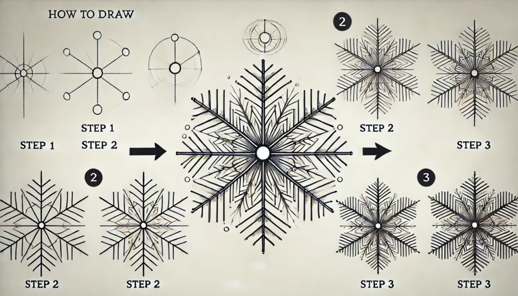 "Draw these steps in a simple and uncomplicated way so that beginners can understand them step by step and in detail and In a very wide and consistent image size. i want 3 photo."

Step 1: Start with the Center Point
Marking Your Snowflake’s Center
Begin with a small dot at the center of your paper, setting a foundation for symmetry. This focal point grounds each branch you’ll draw, keeping the design balanced.

Establishing the Core of Your Snowflake
From this dot, every line and detail will extend outward, making it the snowflake’s "heart." A simple yet vital starting step for a cohesive design.

Step 2: Drawing the First Set of Lines
Creating the Six Guideline Segments
Using your ruler, draw six lines from the center point, spaced evenly like the spokes of a wheel. These lines are the skeleton of your snowflake.

Ensuring Symmetry in Each Line
Symmetry is key, so take your time. Even minor misalignments can alter the look of the finished design, affecting its natural beauty.

Step 3: Adding Details to Each Line
Crafting Branches Along the Guideline
Starting from the center, draw smaller lines branching out from each main line, echoing nature’s complexity. The goal is to mirror each branch on all six lines for unity.

Keeping Proportions Balanced and Aesthetic
Uniformity in branch length and placement will make your snowflake visually pleasing, enhancing its authentic appearance.

Step 4: Creating Intricate Patterns
Adding Tiny Shapes and Fractals
Snowflakes often feature microscopic hexagons or triangles. Add subtle shapes along your branches to bring out these tiny fractal details.

Tips for Adding Unique Twists to Each Branch
While symmetry is essential, small variances can add charm. Vary branch shapes slightly for a dynamic, intricate look.

Step 5: Finalizing with Fine Details
Enhancing Texture and Depth
Refine with thin, precise lines or small dashes, giving texture that mimics the crystalline nature of snowflakes.

Balancing Complexity with Simplicity
Striking a balance between detail and simplicity keeps your snowflake from looking overly crowded or chaotic.
How To Draw A Snowflake 5 Easy Steps – Quick and Simple
