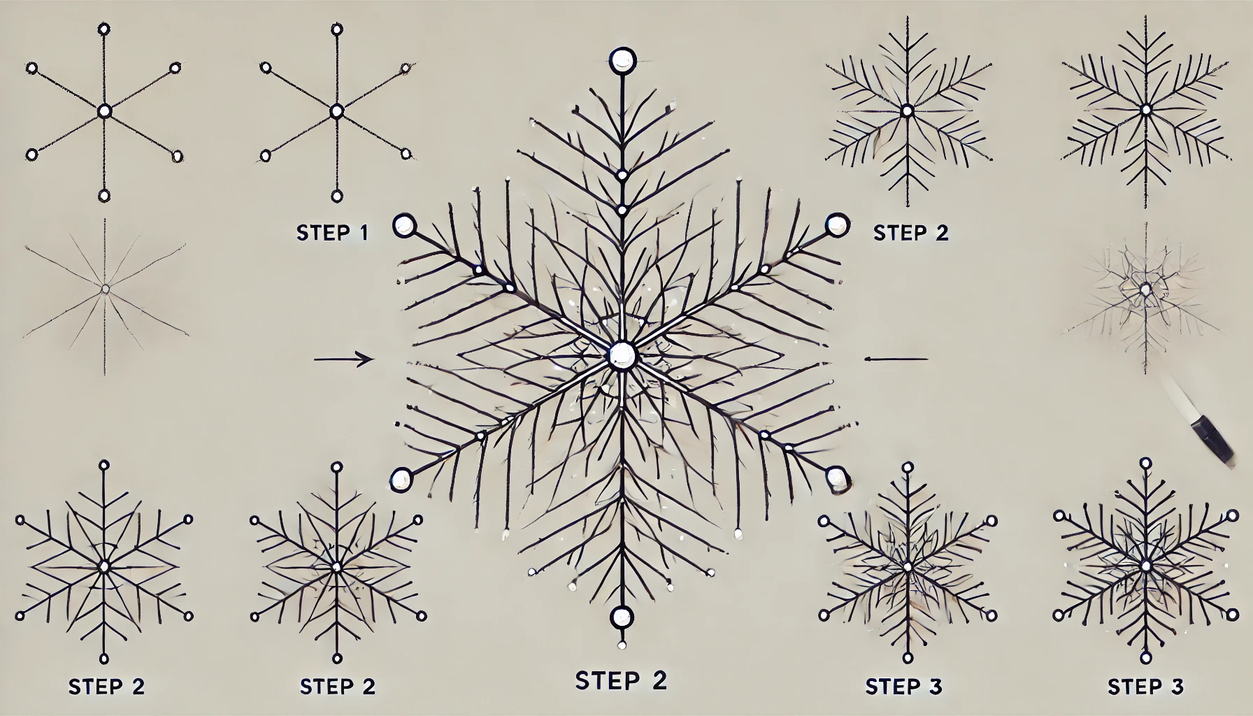 "Draw these steps in a simple and uncomplicated way so that beginners can understand them step by step and in detail and In a very wide and consistent image size. i want 3 photo." Step 1: Start with the Center Point Marking Your Snowflake’s Center Begin with a small dot at the center of your paper, setting a foundation for symmetry. This focal point grounds each branch you’ll draw, keeping the design balanced. Establishing the Core of Your Snowflake From this dot, every line and detail will extend outward, making it the snowflake’s "heart." A simple yet vital starting step for a cohesive design. Step 2: Drawing the First Set of Lines Creating the Six Guideline Segments Using your ruler, draw six lines from the center point, spaced evenly like the spokes of a wheel. These lines are the skeleton of your snowflake. Ensuring Symmetry in Each Line Symmetry is key, so take your time. Even minor misalignments can alter the look of the finished design, affecting its natural beauty. Step 3: Adding Details to Each Line Crafting Branches Along the Guideline Starting from the center, draw smaller lines branching out from each main line, echoing nature’s complexity. The goal is to mirror each branch on all six lines for unity. Keeping Proportions Balanced and Aesthetic Uniformity in branch length and placement will make your snowflake visually pleasing, enhancing its authentic appearance. Step 4: Creating Intricate Patterns Adding Tiny Shapes and Fractals Snowflakes often feature microscopic hexagons or triangles. Add subtle shapes along your branches to bring out these tiny fractal details. Tips for Adding Unique Twists to Each Branch While symmetry is essential, small variances can add charm. Vary branch shapes slightly for a dynamic, intricate look. Step 5: Finalizing with Fine Details Enhancing Texture and Depth Refine with thin, precise lines or small dashes, giving texture that mimics the crystalline nature of snowflakes. Balancing Complexity with Simplicity Striking a balance between detail and simplicity keeps your snowflake from looking overly crowded or chaotic. How To Draw A Snowflake 5 Easy Steps – Quick and Simple