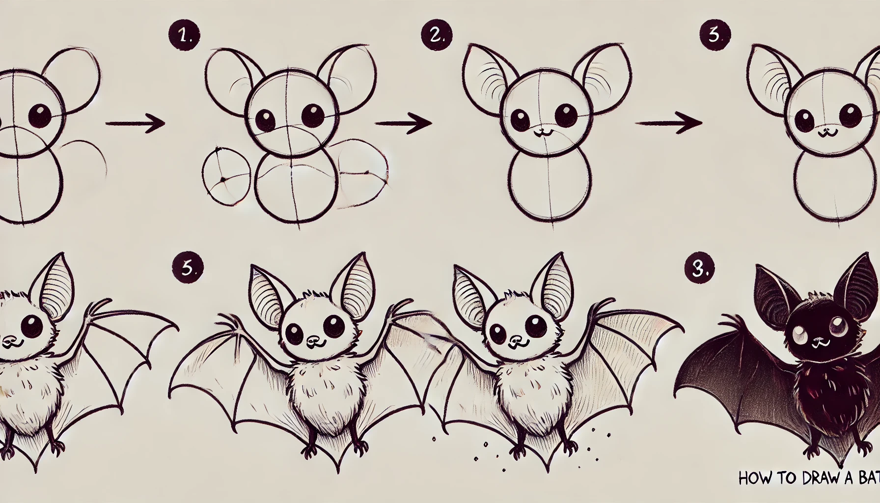 DALL·E 2024 10 31 12.35.47 A step by step drawing guide for beginners on how to draw a bat presented in three wide images. Image 1 Start with basic shapes showing a sm