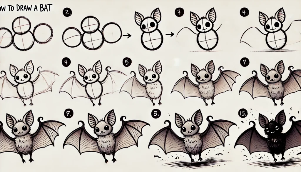 "Draw these steps in a simple and uncomplicated way so that beginners can understand them step by step and in detail and In a very wide and consistent image size. i want 3 photo."

Step 1: Starting with Basic Shapes
Foundational shapes are the bedrock of any drawing. Start with a small circle for the head, adding two tiny triangles at the top for ears. These primary shapes help in achieving symmetry and proportion, allowing the bat’s form to emerge without guesswork. The torso can be depicted with an oval shape, giving the bat’s body a compact and recognizable form. Keep it simple here, as these shapes guide the entire sketch.

Step 2: Creating the Bat’s Wings
Bats’ wings are iconic, and understanding their anatomy is key. The wing starts from the bat’s shoulder, with delicate bones that fan outward. Sketch lines extending from the torso, slightly curved to resemble the natural spread of a bat’s wing bones. Then, connect these lines with long, gentle curves to mimic the stretched membrane between the bones. These sweeping lines give the wings a sense of motion and elegance, capturing the bat’s flight-ready posture.

Step 3: Crafting the Face
A bat’s face might be small, but it’s essential to get it right for character. Begin by placing small, round eyes and a tiny, inverted triangle for the nose, lending the bat an expressive look. Add a few small, sharp lines for teeth—just enough to hint at fangs without going overboard. To enhance realism, shade lightly around the eyes to create depth, making the eyes appear set in the face. The subtle shadowing adds personality and a hint of mystery.

Step 4: Defining the Body and Legs
With the basics in place, it’s time to add definition to the torso and legs. Bats have small but defined musculature, which you can suggest with slightly darker lines around the torso’s edge. For the legs, draw thin lines extending from the base of the body, finishing with tiny claws at the tips. These claws, though small, ground the bat in realism and add a fine detail that draws the eye. Texture on the body can also enhance the lifelike quality, creating a sense of fur or skin as desired.

Step 5: Finishing Touches
To complete your bat, darken the outlines of each shape, refining any light lines to a solid form. Add final details to the wing membrane, tracing light, feathered lines that suggest veins. This delicate touch gives the wings an authentic appearance, as if they’re ready to catch a gust of air. For an added effect, shade lightly below the bat to create a shadow. This grounding technique brings the drawing to life, adding a three-dimensional feel to the finished piece.