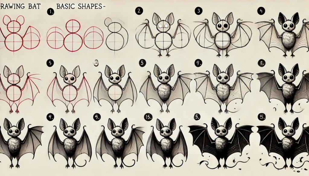 "Draw these steps in a simple and uncomplicated way so that beginners can understand them step by step and in detail and In a very wide and consistent image size. i want 3 photo."

Step 1: Starting with Basic Shapes
Foundational shapes are the bedrock of any drawing. Start with a small circle for the head, adding two tiny triangles at the top for ears. These primary shapes help in achieving symmetry and proportion, allowing the bat’s form to emerge without guesswork. The torso can be depicted with an oval shape, giving the bat’s body a compact and recognizable form. Keep it simple here, as these shapes guide the entire sketch.

Step 2: Creating the Bat’s Wings
Bats’ wings are iconic, and understanding their anatomy is key. The wing starts from the bat’s shoulder, with delicate bones that fan outward. Sketch lines extending from the torso, slightly curved to resemble the natural spread of a bat’s wing bones. Then, connect these lines with long, gentle curves to mimic the stretched membrane between the bones. These sweeping lines give the wings a sense of motion and elegance, capturing the bat’s flight-ready posture.

Step 3: Crafting the Face
A bat’s face might be small, but it’s essential to get it right for character. Begin by placing small, round eyes and a tiny, inverted triangle for the nose, lending the bat an expressive look. Add a few small, sharp lines for teeth—just enough to hint at fangs without going overboard. To enhance realism, shade lightly around the eyes to create depth, making the eyes appear set in the face. The subtle shadowing adds personality and a hint of mystery.

Step 4: Defining the Body and Legs
With the basics in place, it’s time to add definition to the torso and legs. Bats have small but defined musculature, which you can suggest with slightly darker lines around the torso’s edge. For the legs, draw thin lines extending from the base of the body, finishing with tiny claws at the tips. These claws, though small, ground the bat in realism and add a fine detail that draws the eye. Texture on the body can also enhance the lifelike quality, creating a sense of fur or skin as desired.

Step 5: Finishing Touches
To complete your bat, darken the outlines of each shape, refining any light lines to a solid form. Add final details to the wing membrane, tracing light, feathered lines that suggest veins. This delicate touch gives the wings an authentic appearance, as if they’re ready to catch a gust of air. For an added effect, shade lightly below the bat to create a shadow. This grounding technique brings the drawing to life, adding a three-dimensional feel to the finished piece.