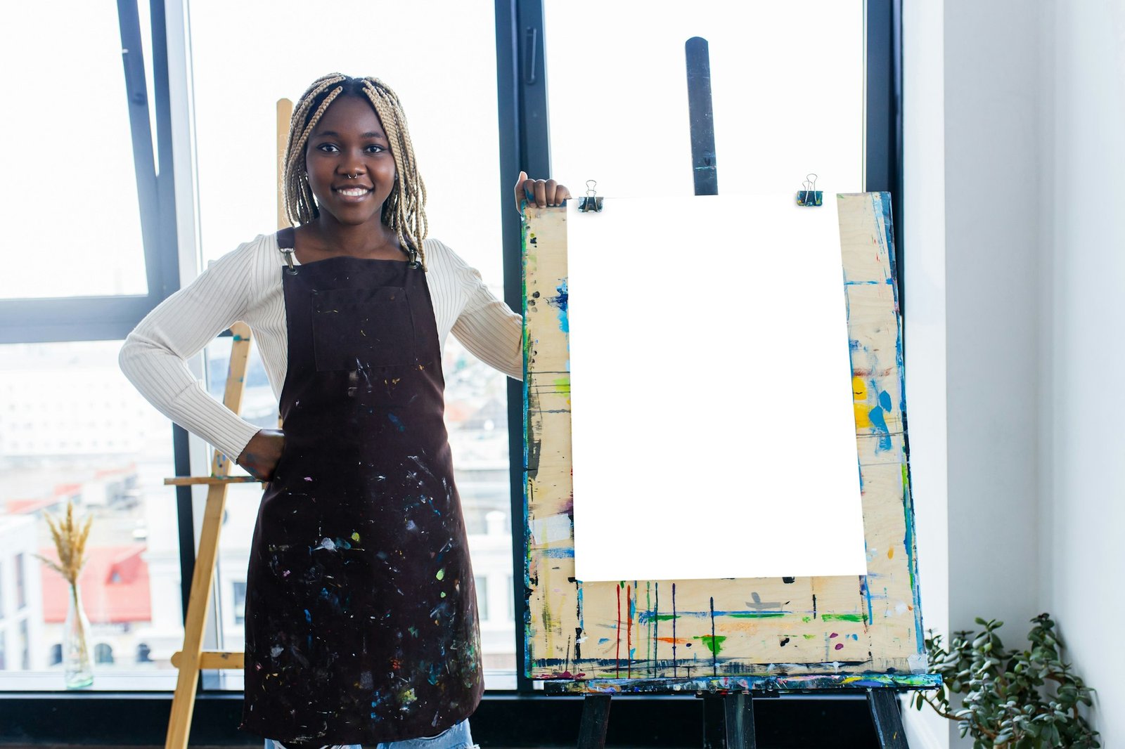 Young african student with septum nose piercing at the art studio